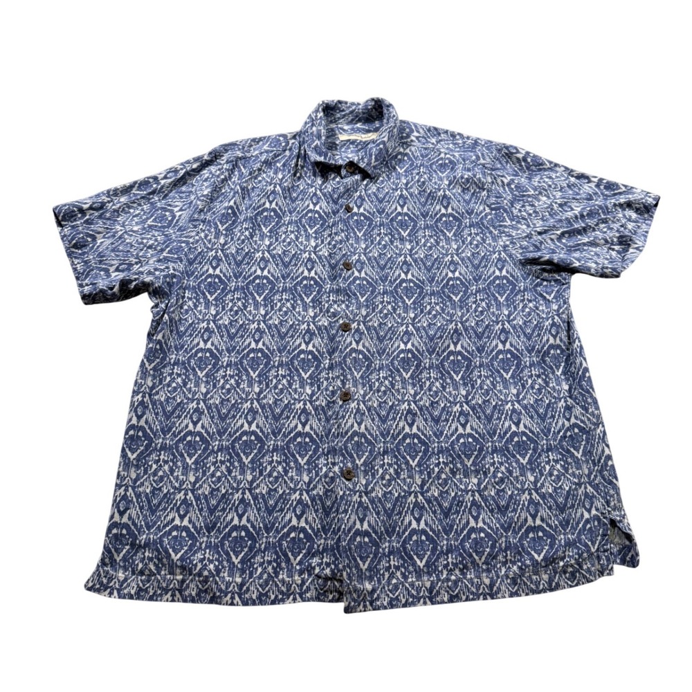 Tommy Bahama Blue Ikat Diamond‎ Silk Shirt Vacation Gorpcore Tropical Coastal XL